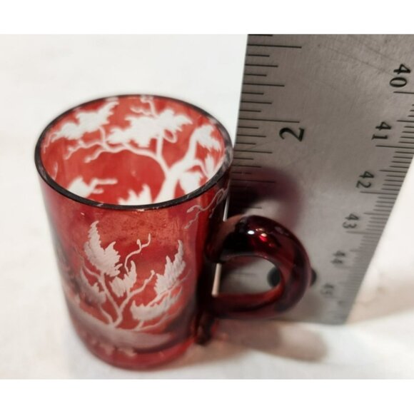 Vtg Set of 4 Bohemian Flash Glass Red Etched Deer Miniature Shot Mugs 1.75" Tall - Picture 11 of 12